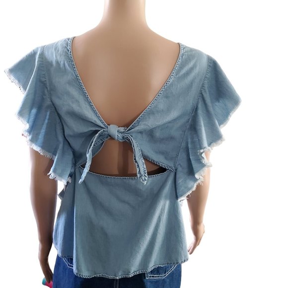 Express Sz Medium Blue Chambray Flutter Sleeve Open Back with Adj Knot Tie - Picture 1 of 7
